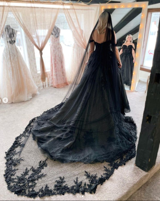 Black Off Shoulder Glitter Tulle Ball Gown Deep V Train Gothic Wedding Dresses