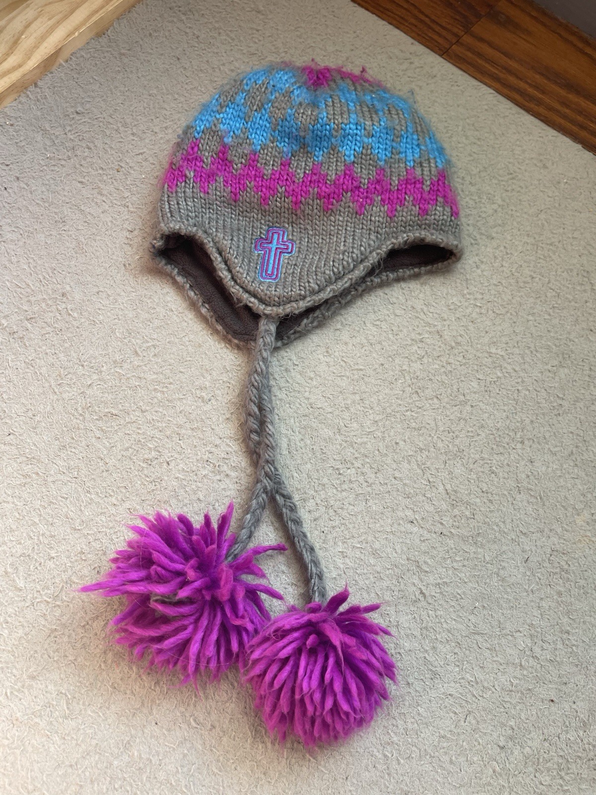 Girls Gray Pink Blue Fair Isle Knit Trapper Hat Ear Flaps Pom-Pom One Size