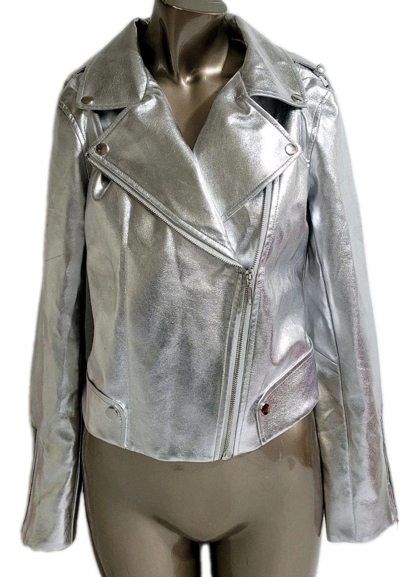 Haoduoyi Womens Size M Silver Metallic Faux Leather Full Zip Long Sleeve Jacket