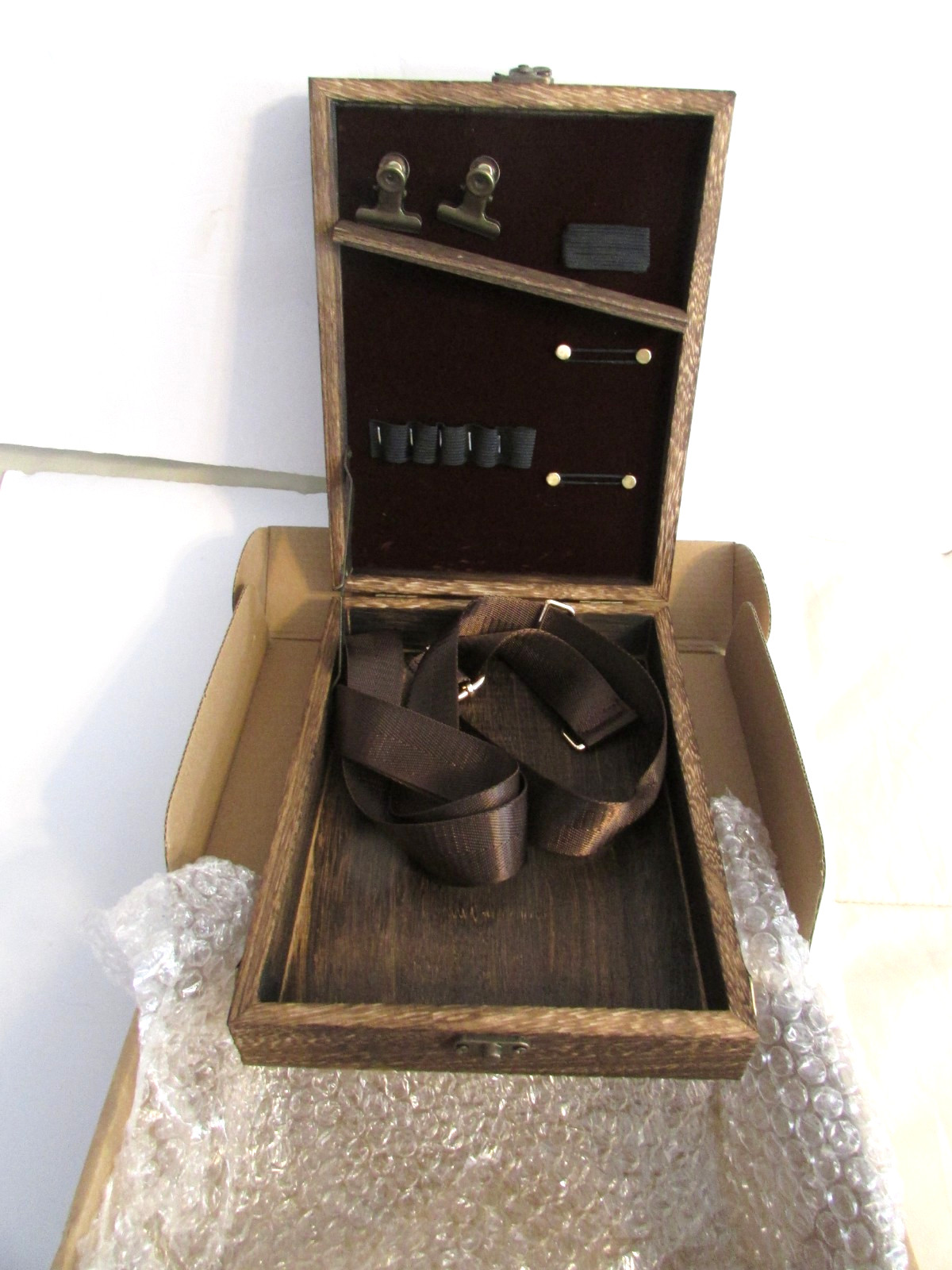 Handmade Wooden Artist Messenger Bag Brush Storage Box Deep Brown 9.65×7.48in