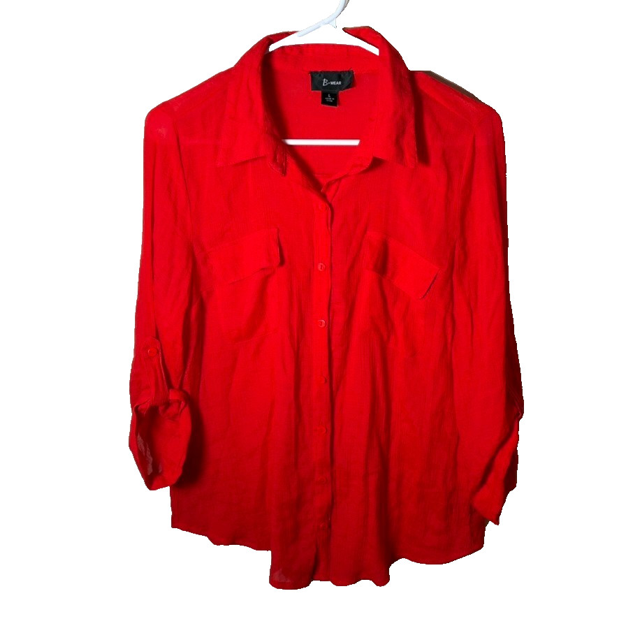 B Wear Shirt Women’s Large Button Up 3/4 Sleeve Collared Pocket Shirt Top