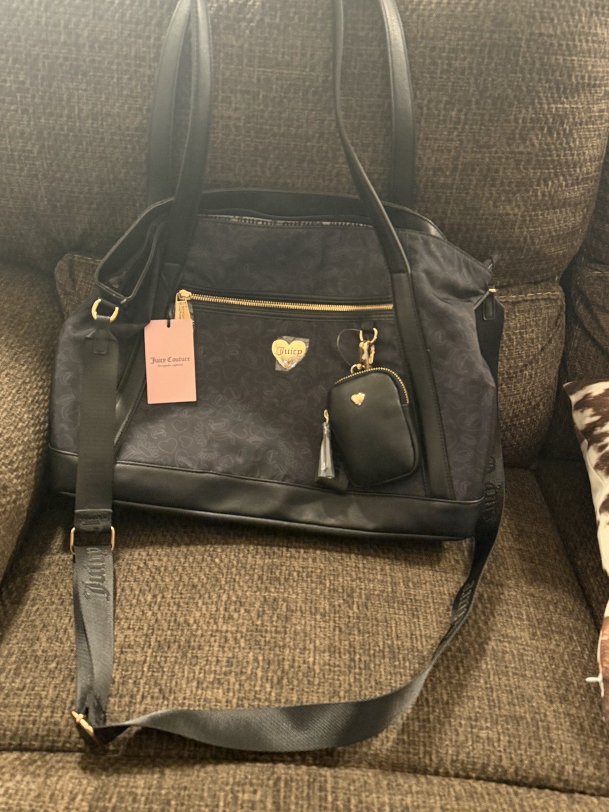Juicy Couture Black Tonal Logo Large Tote Bag Zip Detachable Strap