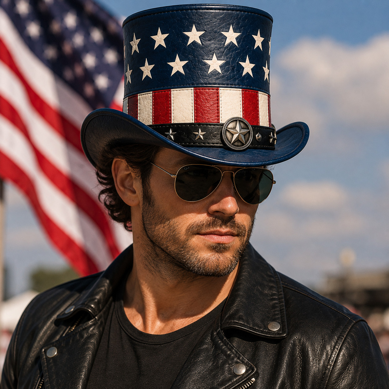 Patriotic Leather Top Hat USA Flag Stars & Stripes Western Cowboy Rodeo Hat