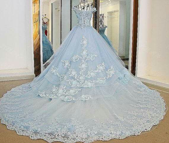 Sky Blue Ruffles Wedding Dresses Lace Appliques Tulle A Line Bridal Gowns