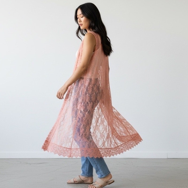 Polly Esther Sleeveless Lace Duster Pink Blush size XL Sheer Romantic Fairy Boho