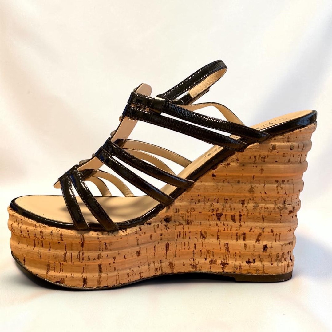 CHANEL CC Logo Coco Mark Patent Leather Strappy Cork Wedge Sandals US 5
