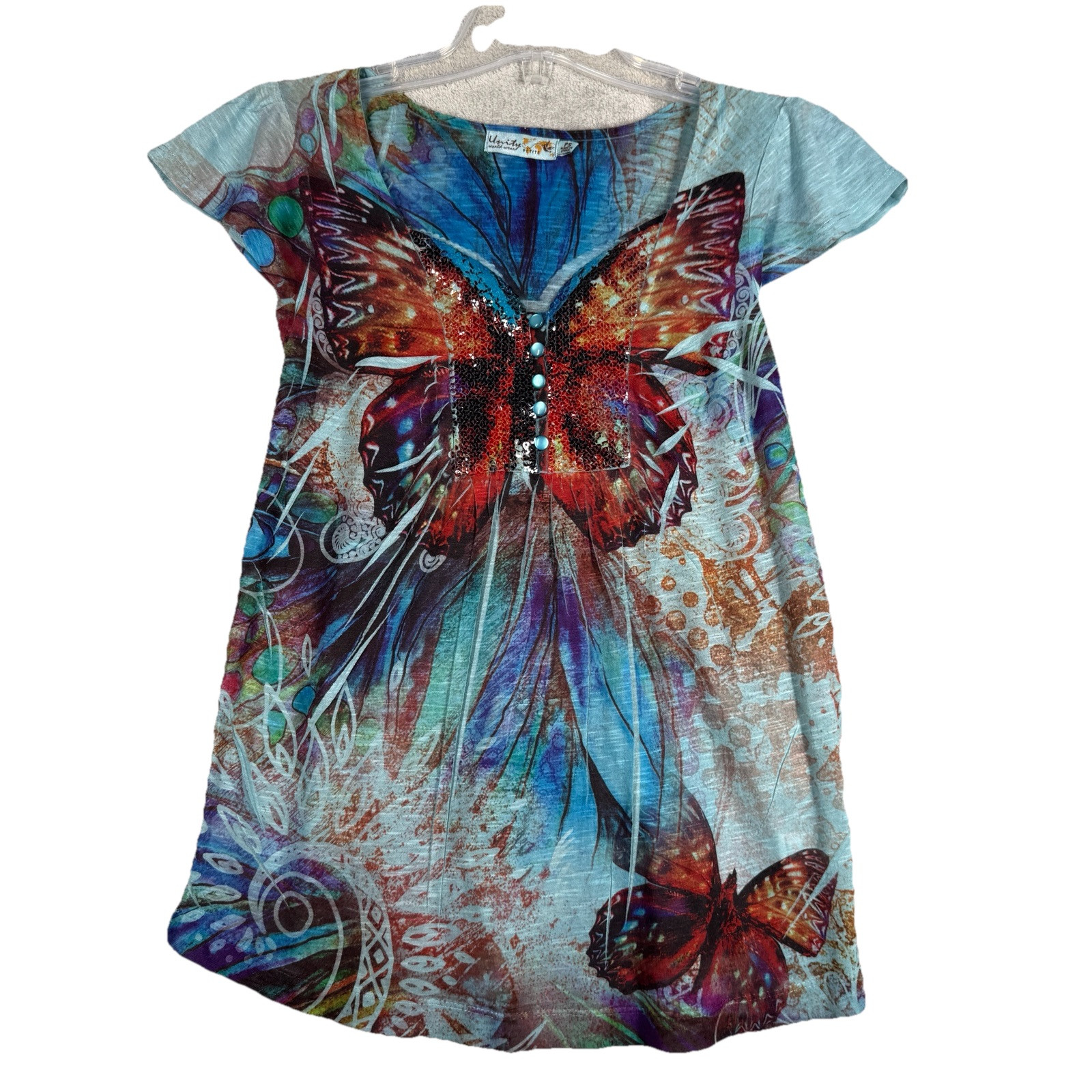 Unity Shirt Womens Small Petite Blue Butterfly Sublimation Blouse Ruched Y2K