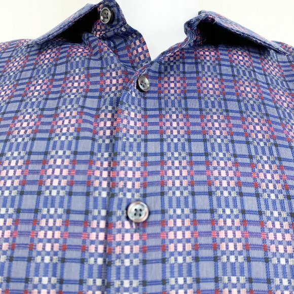 Tasso Elba Button Down Shirt Men Medium Blue Plaid Long Sleeve Cotton Casual