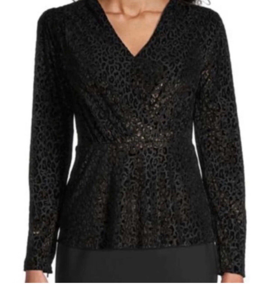 Elie Tahari Leopard Animal Print Black Velvet & Gold Peplum Blouse SZ 10 $295