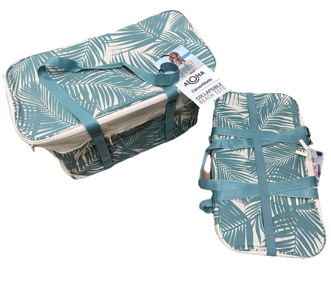 Aloha CleverMade Collapsible Beach Tote Bag Zip Top Tropical Print Green