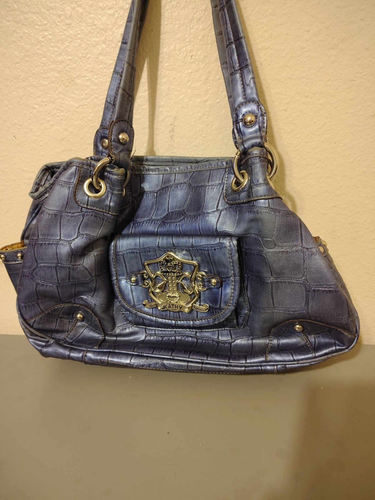 Kathy VanZeeland Metallic Silver Croc-Embossed Handbag with Crest Emblem