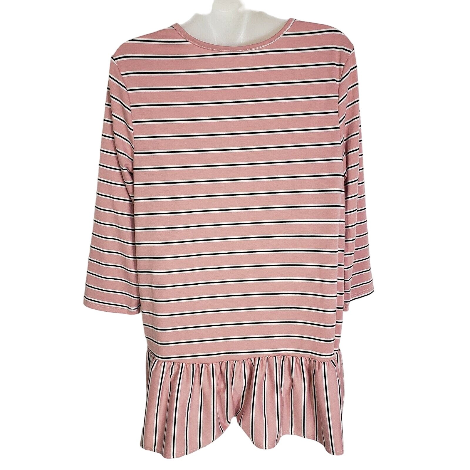 Lime N Chili Womens Top Large Tunic Peplum 3/4 Sleeve Striped Pink Stretch Crew