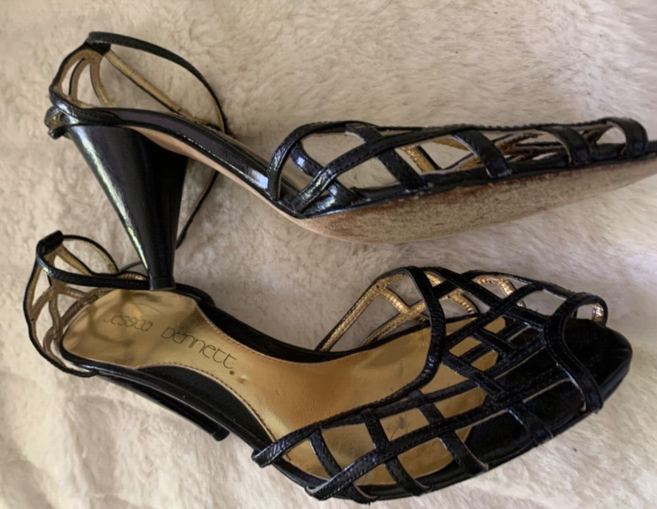 JESSICA BENNETT SIZE 8.5 BLACK Leather Short Heel Ankle Strap Cut Outs Open Toe