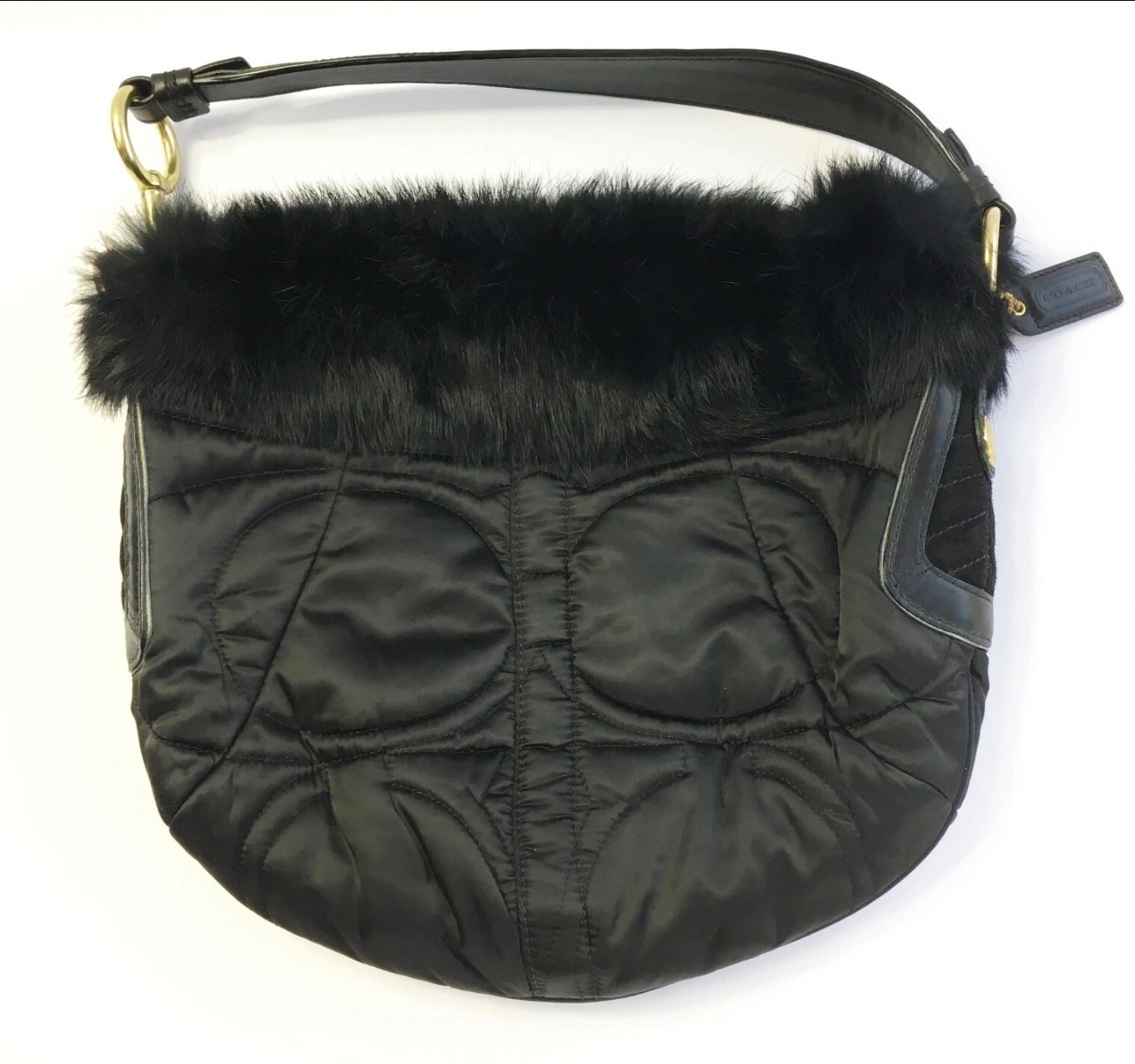 Black Quilted Coach Handbag with Fur Trim