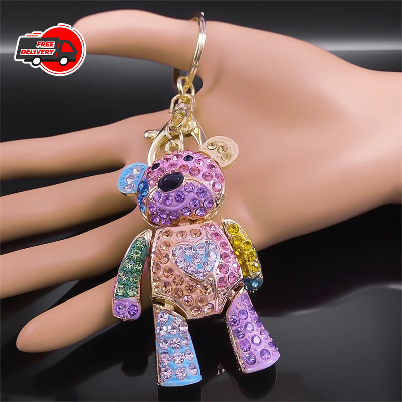 Cute Sweet Colorful Full Crystal Big Bear Key Chain Alloy Rhinestone Fashion Bag