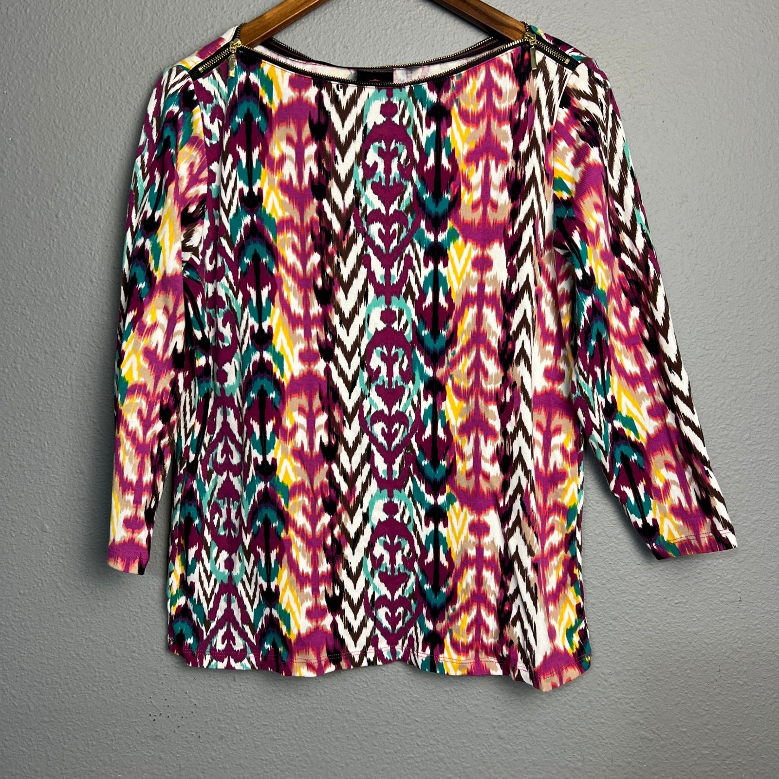 Rafaella Womens Top L Long Sleeve Artsy Colorful Ikat Print Zip Shoulder Detail