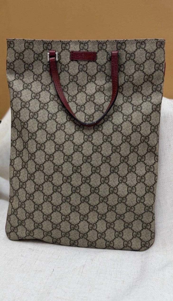 Gucci GG Supreme Medium Tote Beige Brown Red Double Leather Handles COA