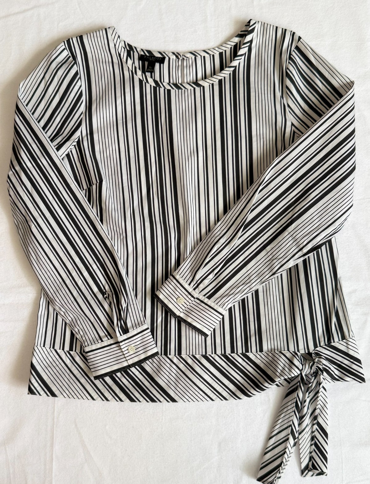 Talbots Petites SP Black White Stripe Tie Waist Long Sleeve Blouse Cotton