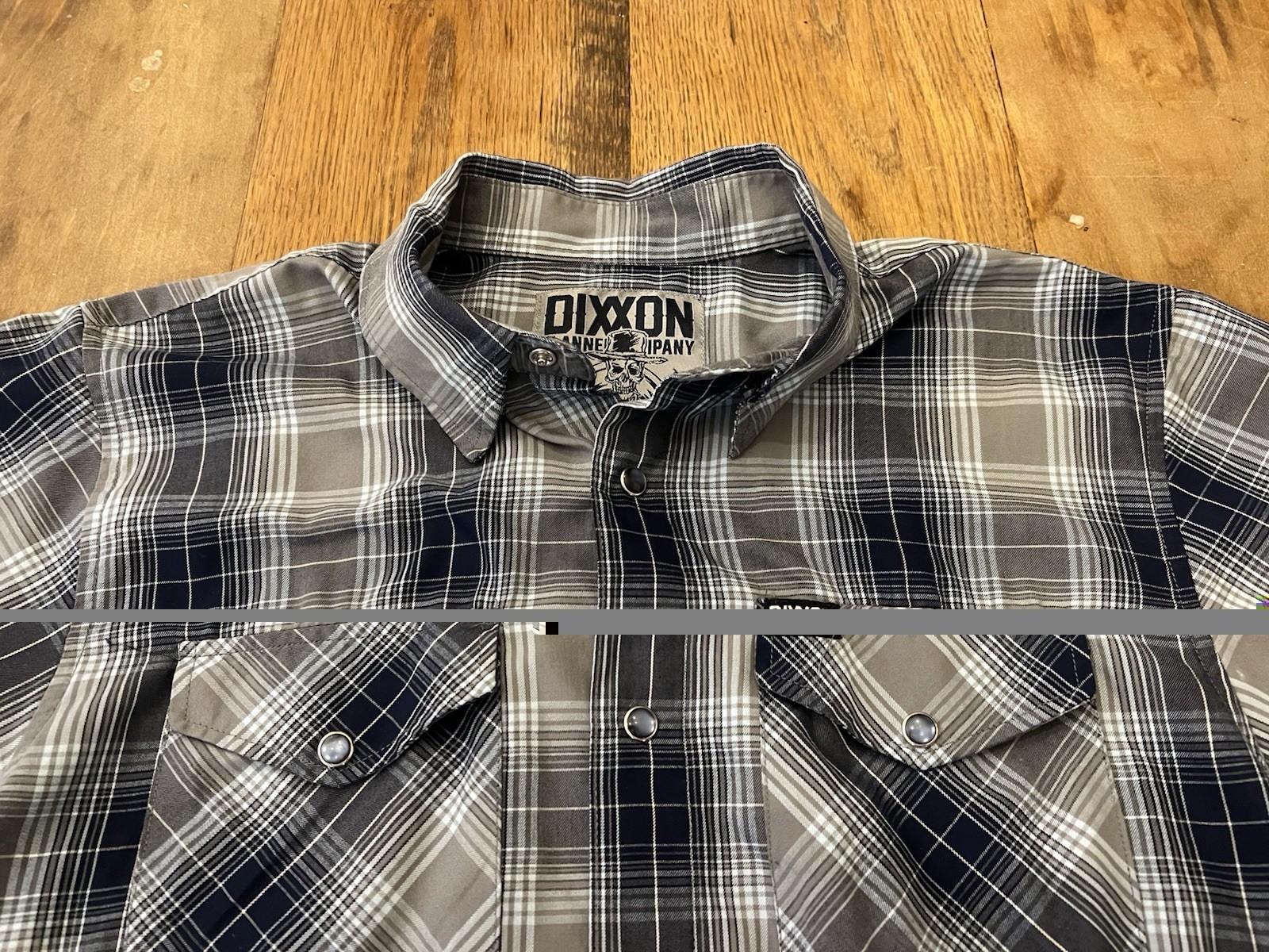 Dixxon Flannel Co “Laredo” DLUX Bamboo Gray Navy Pearl Snap Shirt Mens Medium