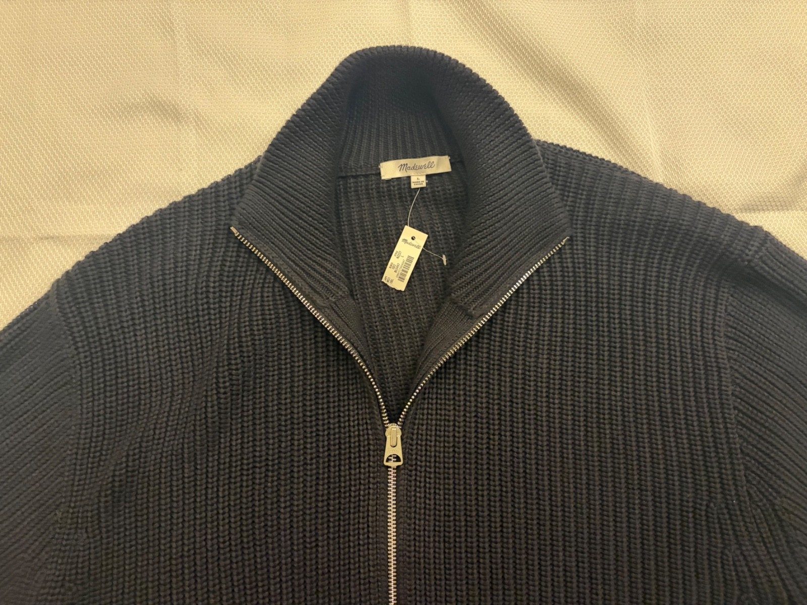 Madewell men’s Cotton Shaker-Stitch Full-Zip Sweater, Obsidian Blue, Size Large