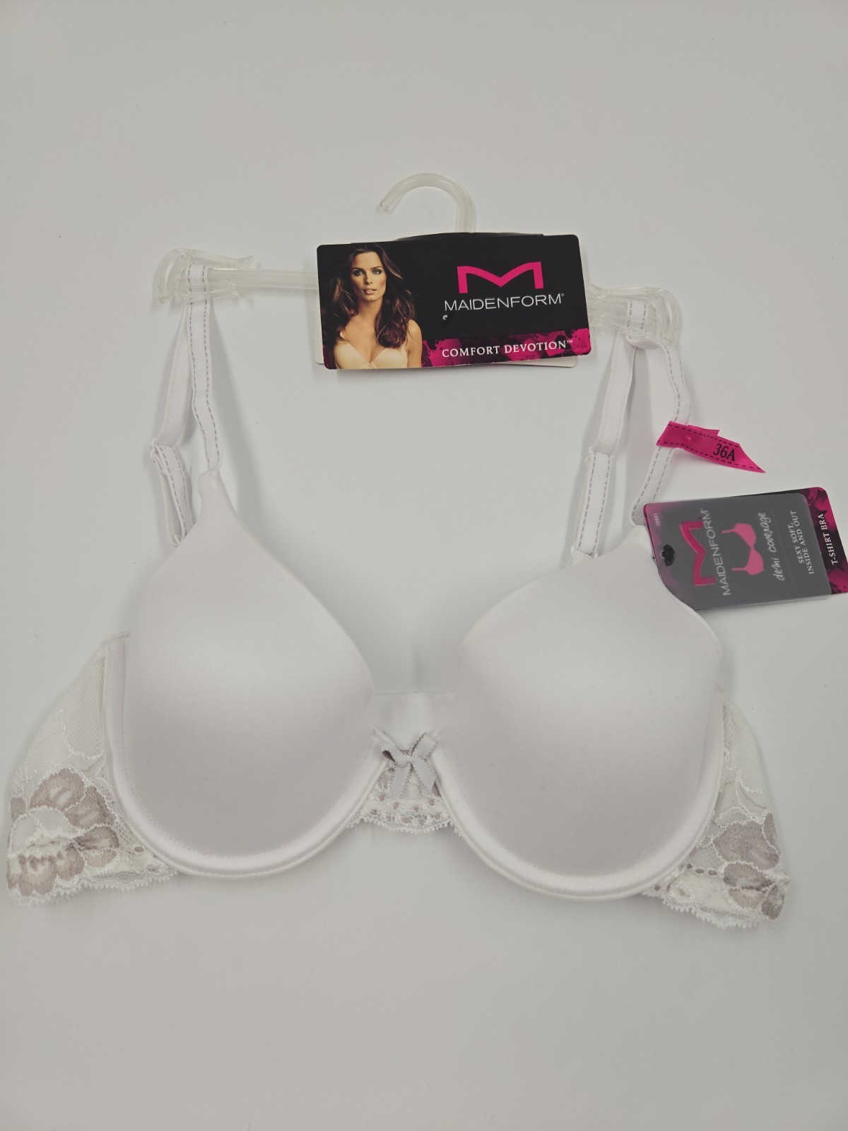 Maidenform Demi Smooth 36A T-shirt Bra In White & Lace