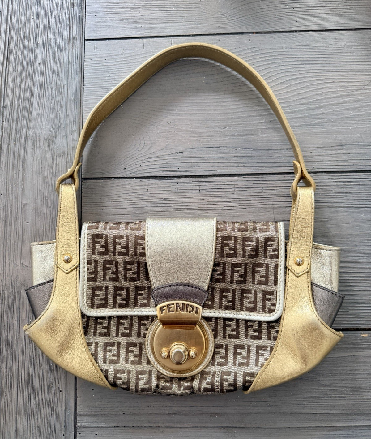 Authentic Vintage Y2K Fendi Logo Zucchino Metallic Shoulder Bag