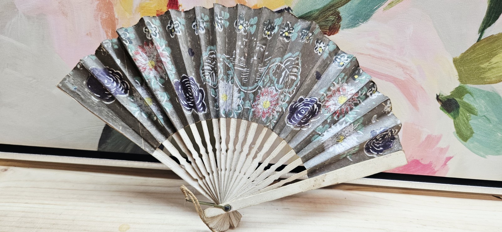 Vintage Hand Painted Wooden Folding Fan with Floral Flowers Design