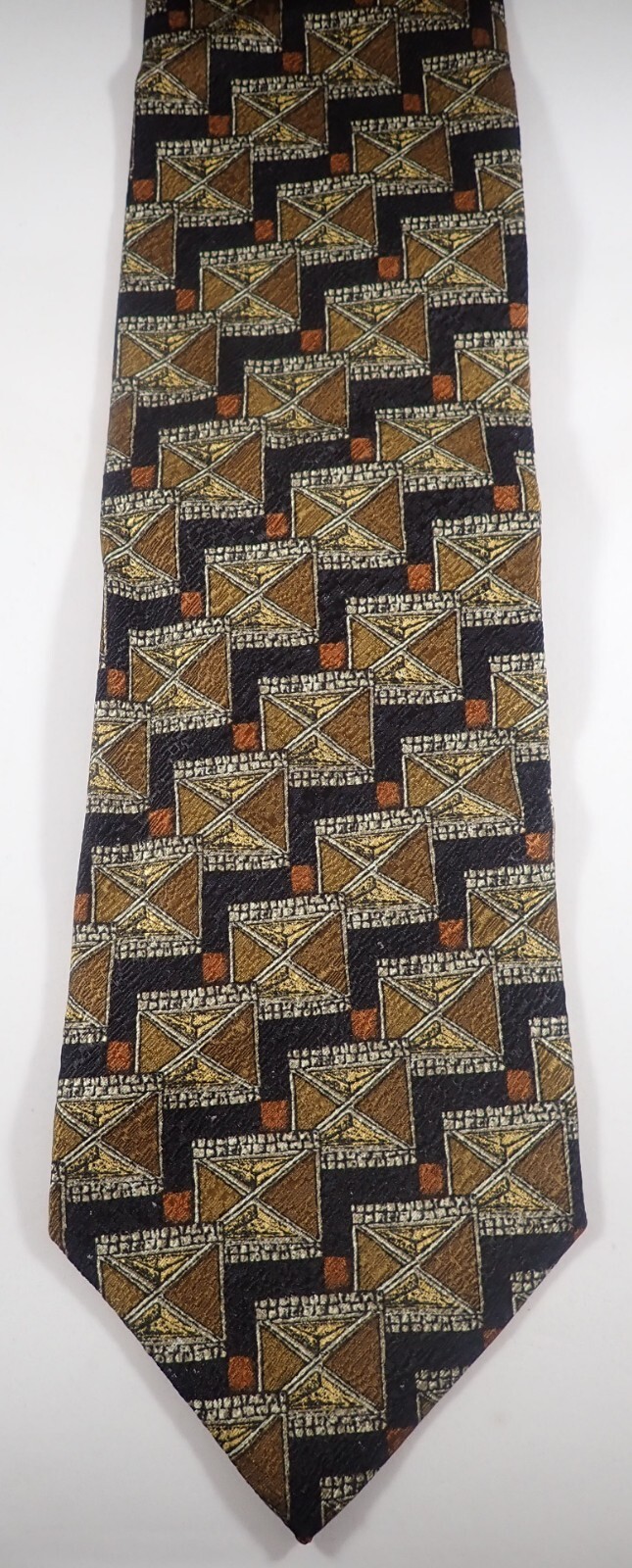 ERMENEGILDO ZEGNA BLACK BROWN YELLOW GEOMETRIC 100% ITALIAN SILK NECK TIE