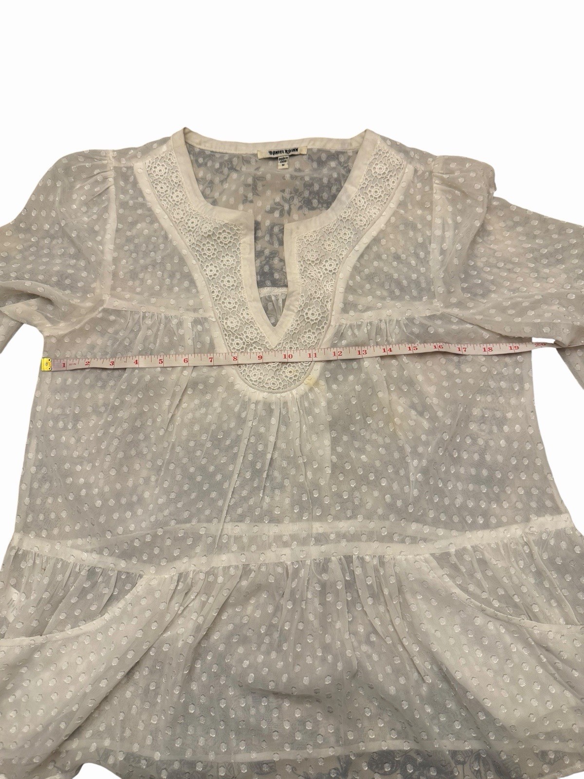 DANIEL RAINN Sheer White Blouse Roll Tab Sleeve MED Pockets Polka Dot Lace STAIN