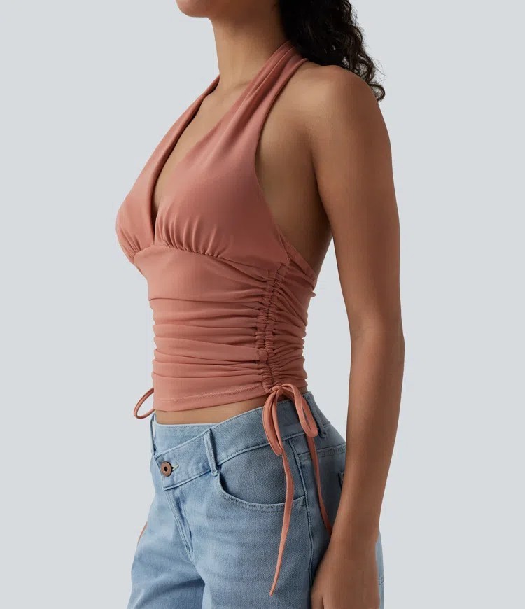 Halara Deep V Neck Halter Ruched Drawstring Casual Boho U2k Org $59 Sz Med