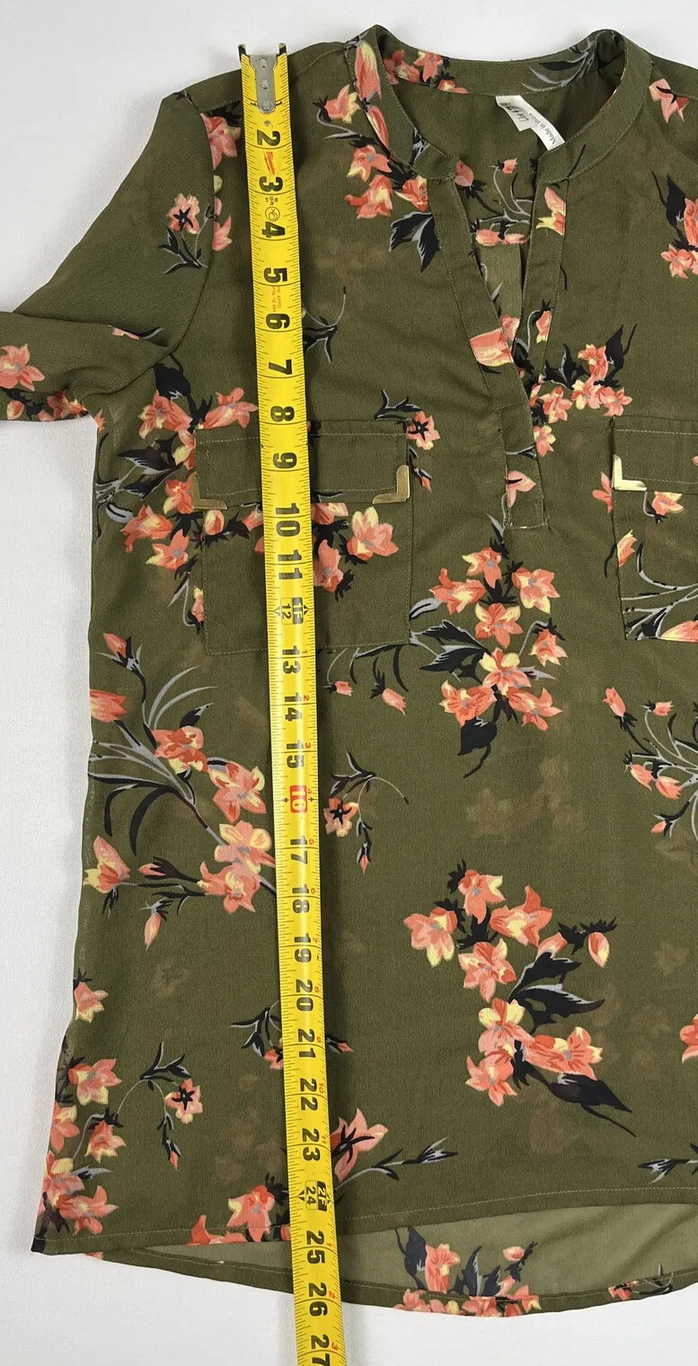 Live 4 Truth Size Small Green Floral Sheer Blouse 3/4 Sleeves W/ Roll Tab Option