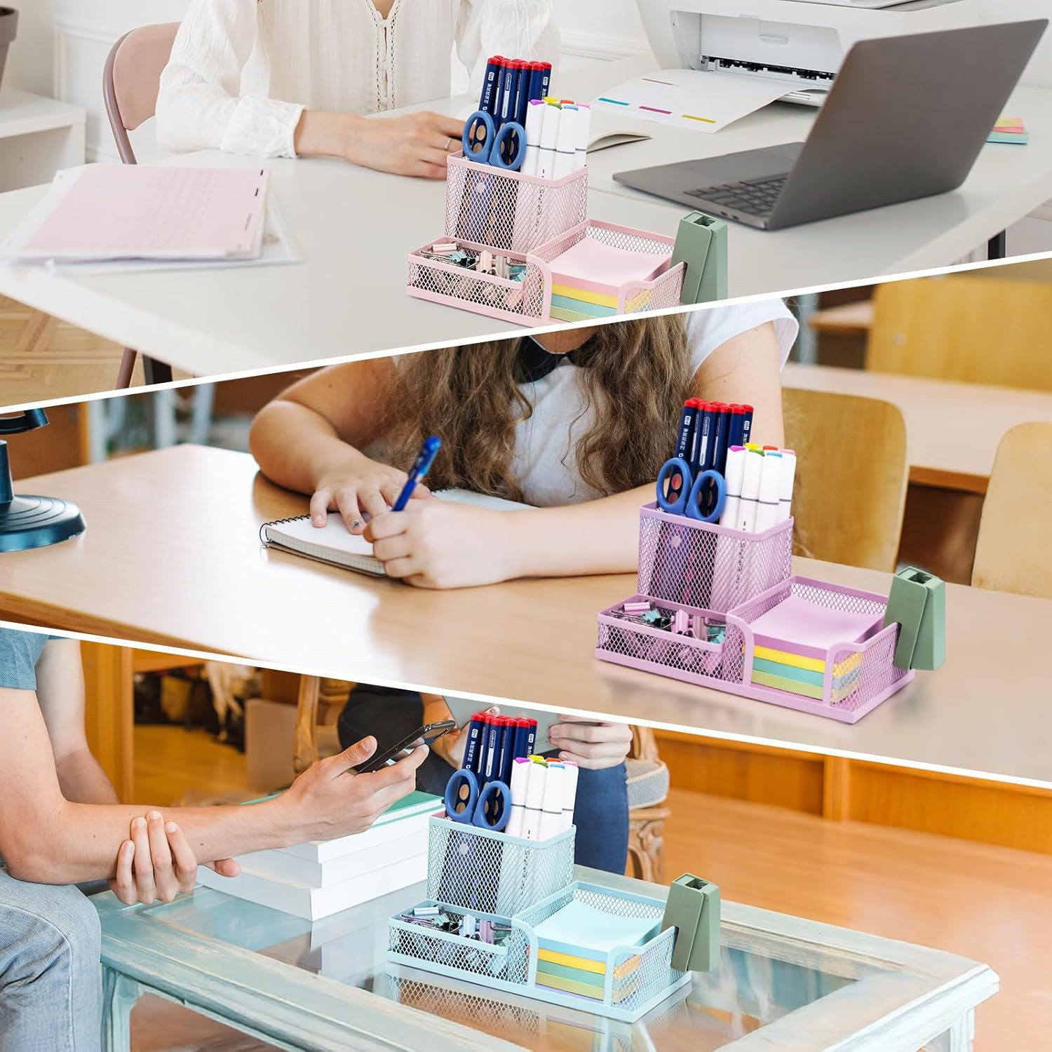 Mesh Pen Holder Desk Organizers Pencil Holder for Desk Pink, 3 Compartments Meta