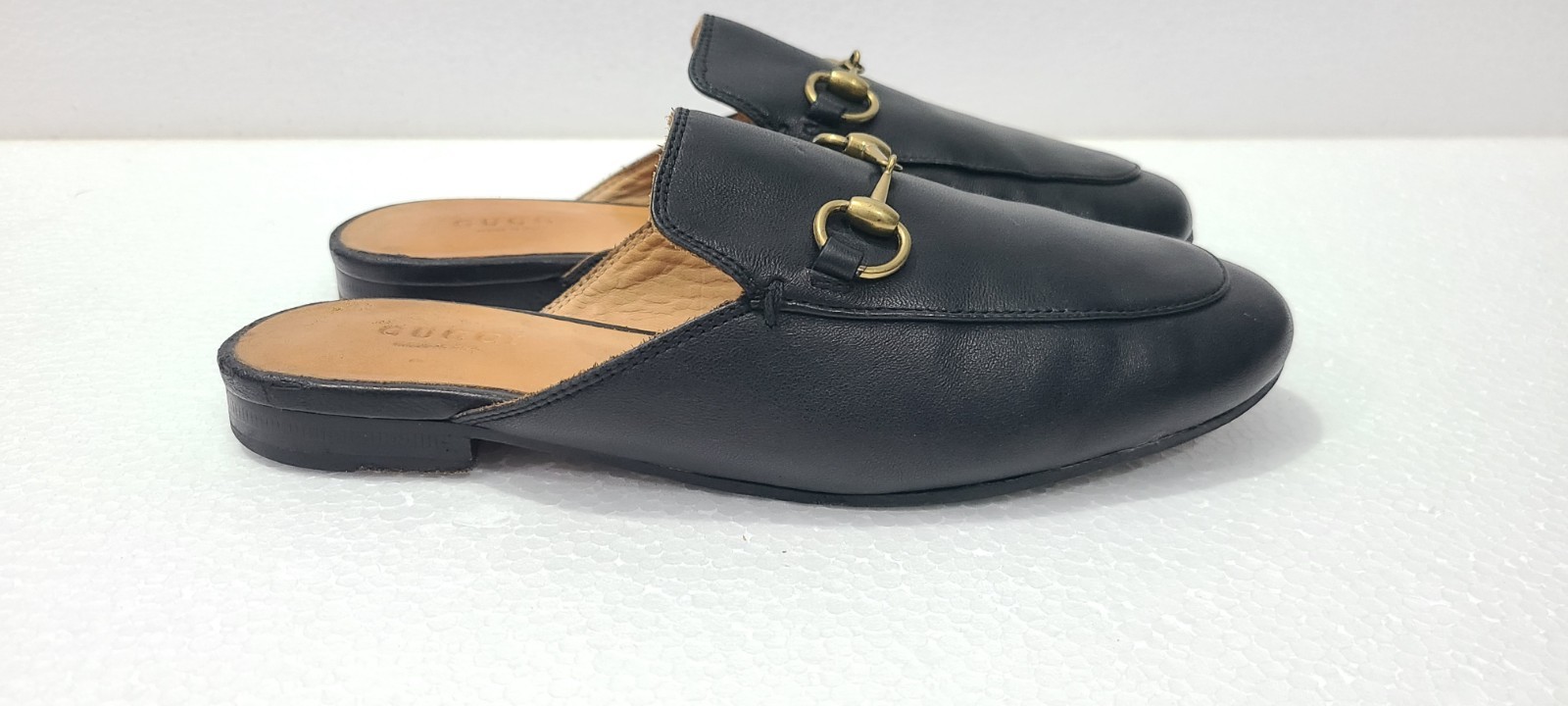 GUCCI Black Leather Princetown Mules Slides Gold Horsebit Size EU 35 US 4.5
