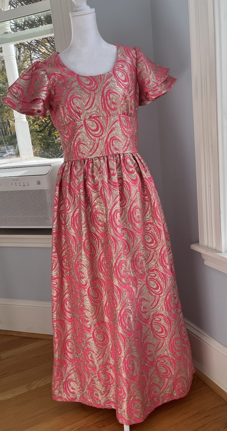 Vintage Formal Dress S M Fits 6 PINK Rose Gold Lurex Brocade Long Party 50s 60s