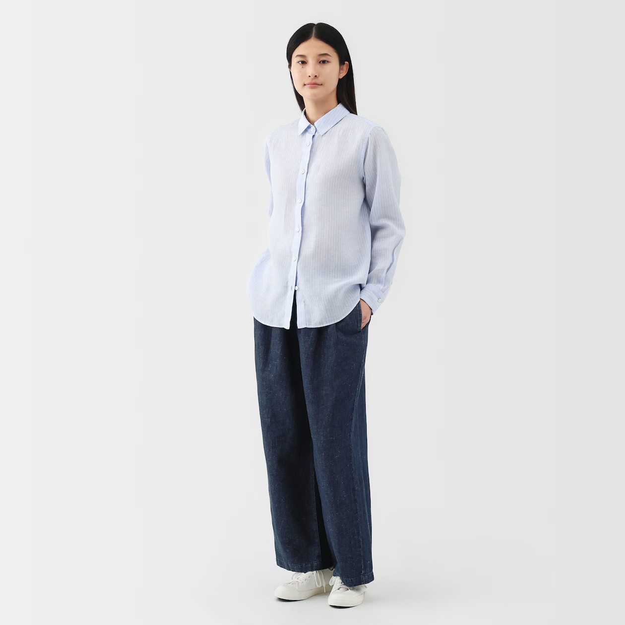 MUJI Womens Organic Cotton Linen Denim Easy Wide Pants Dark Navy FedEx