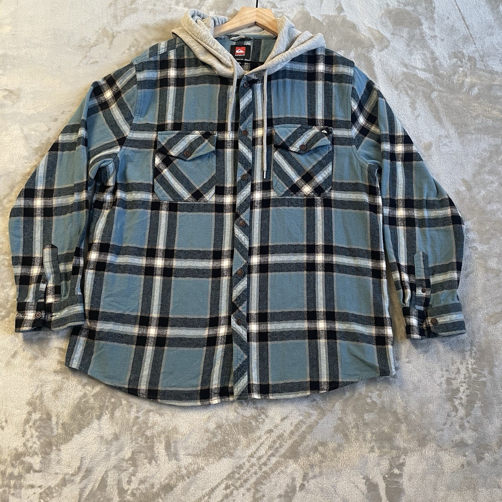 Quiksilver Hooded Flannel Shacket Mens XL Blue Big Plaid Midweight Skate
