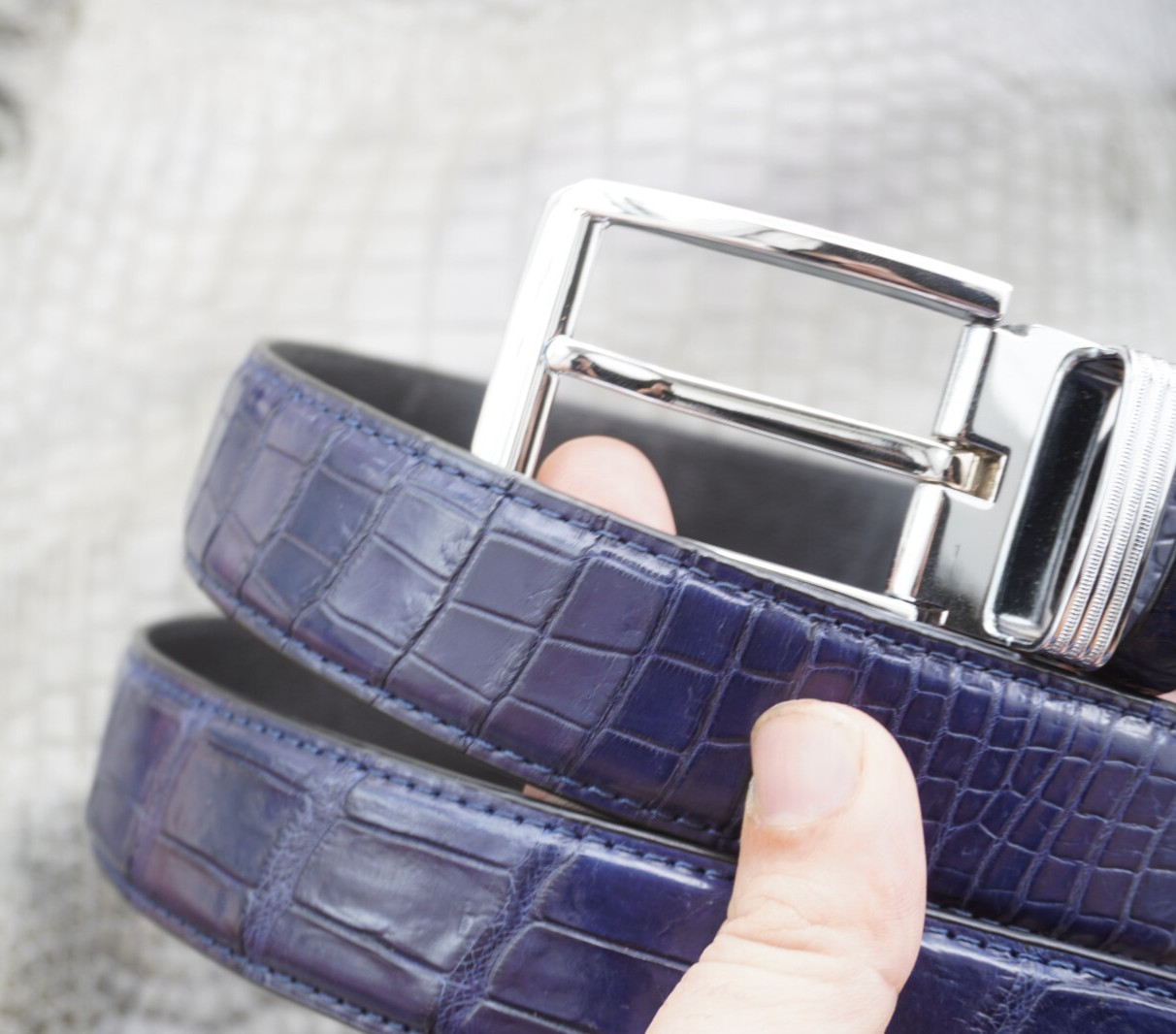 W1.3 inch Blue Real Crocodile Belly Leather Skin Men’s Belt Pin Buckle #L52