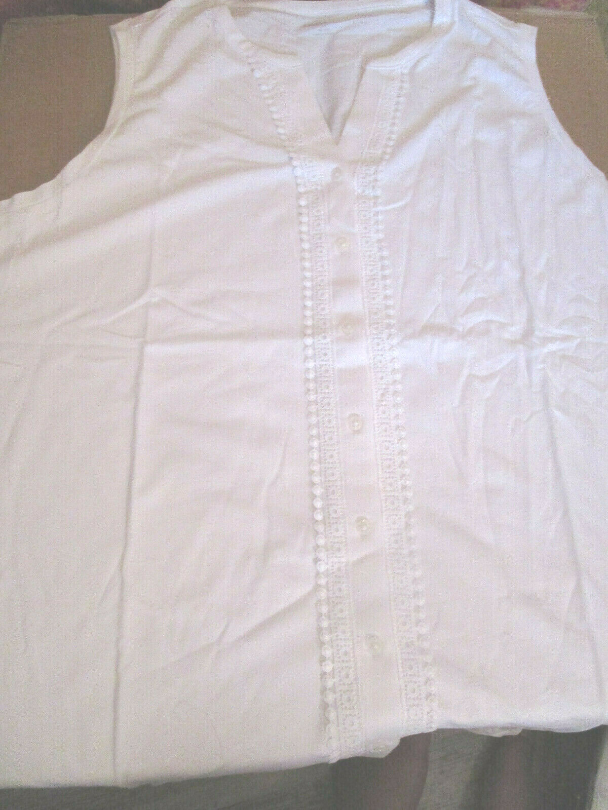 NEW LANDS END SLEEVELESS BUTTON FRONT TANK TOP/SHIRT w/ LACE- WHITE 2X (5423702)
