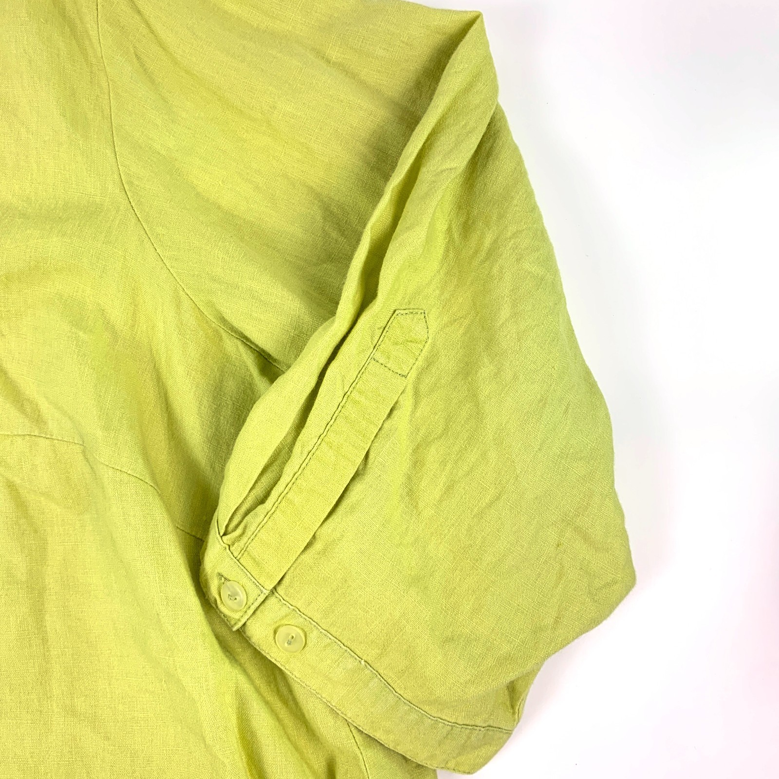 August Silk Options Button Up Blouse Sz 1X 100% Linen Lime Green Embroidered SEE