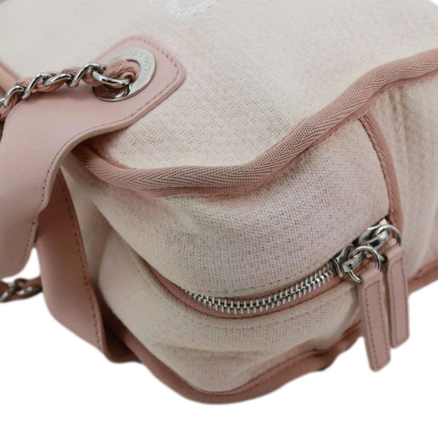 CHANEL Deauville Canvas Leather Bowling Shoulder Bag Light Pink