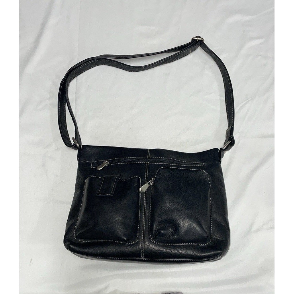 Le Donne Leather Black Purse With Outside Pockets 10x8in