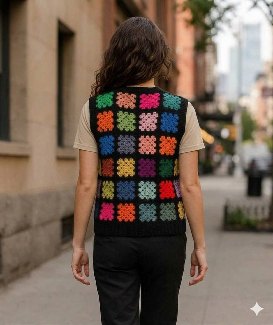 Handmade Colorful Granny Square Sweater Vibes Patchwork Crochet Vest
