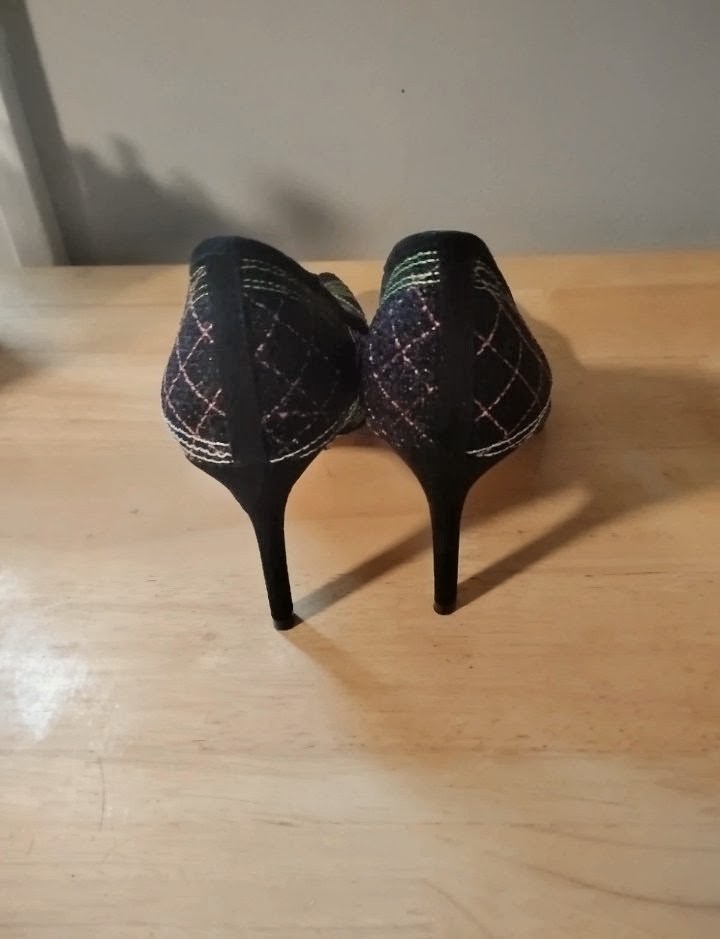 Jessica Simpson Black/Green Plaid Pointed Toe Pump Stiletto Glitter 9.5