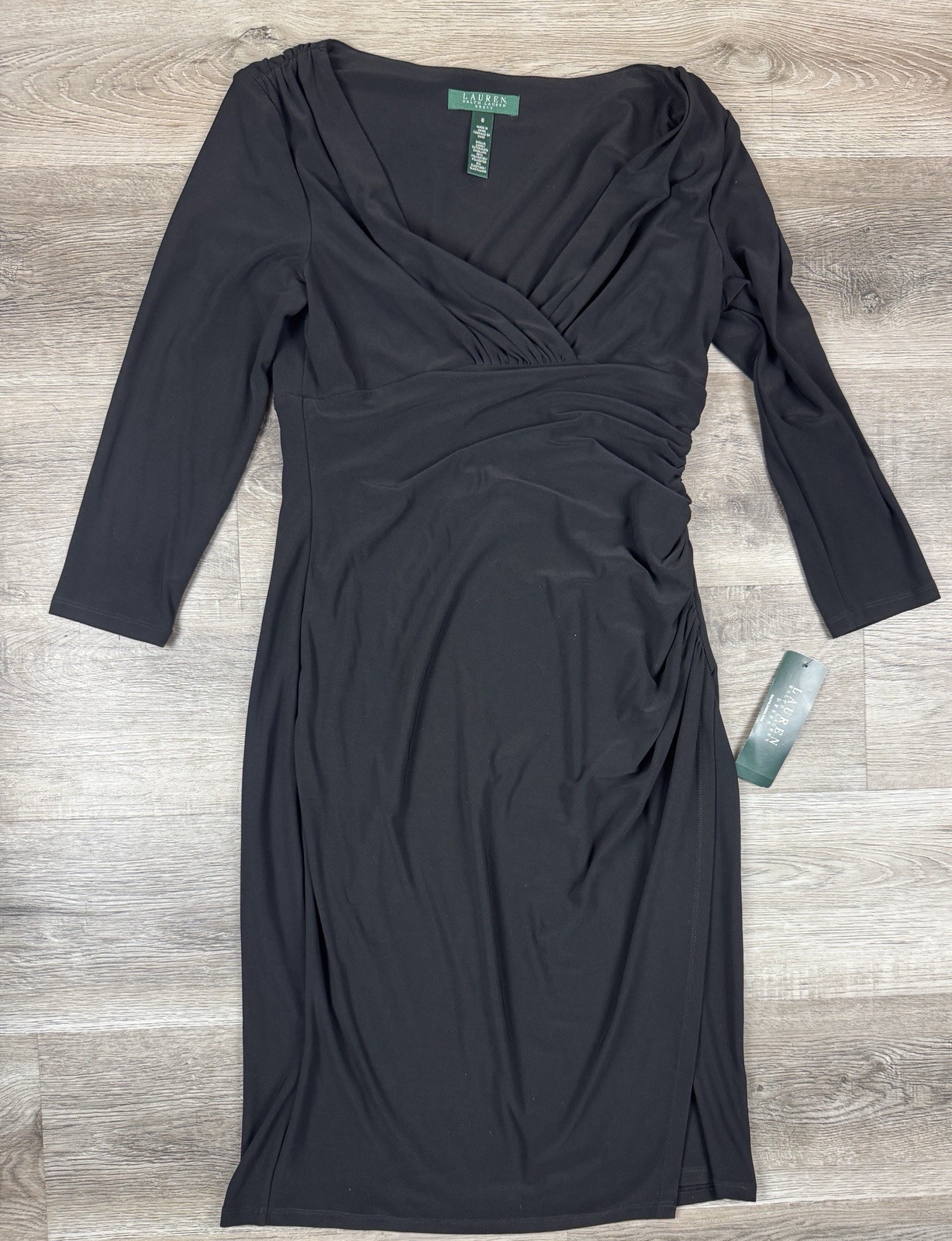 Lauren Ralph Lauren Women’s Black Faux Wrap Dress Size 6 New Ruched Cocktail