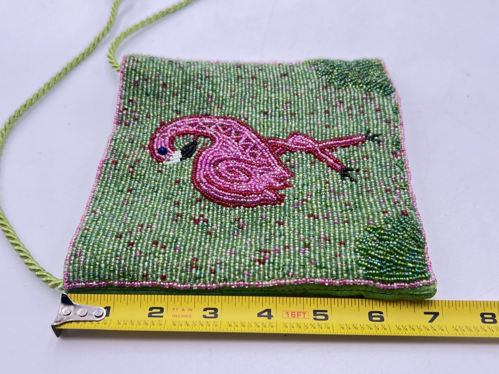 Bamboo Trading Flamingo Beaded Cross Body Handbag Purse Corded Strap Pink Green