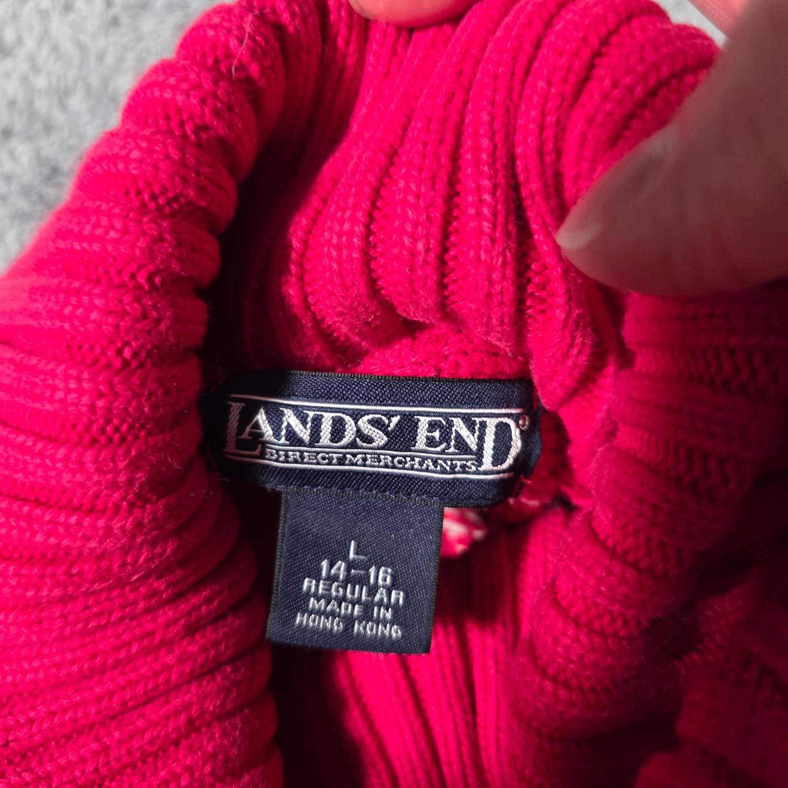 Lands End Womens L 14-16 Turtleneck Sweater Red Fair Isle Cotton Raglan Knit