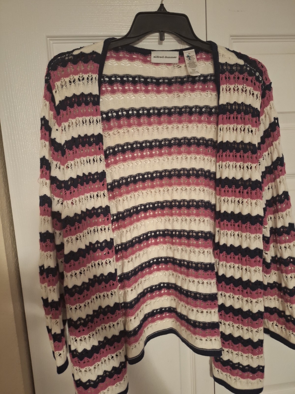 Alfred Dunner Womens Pink Navy White Striped Open Knit Pullover Sweater Sz XL