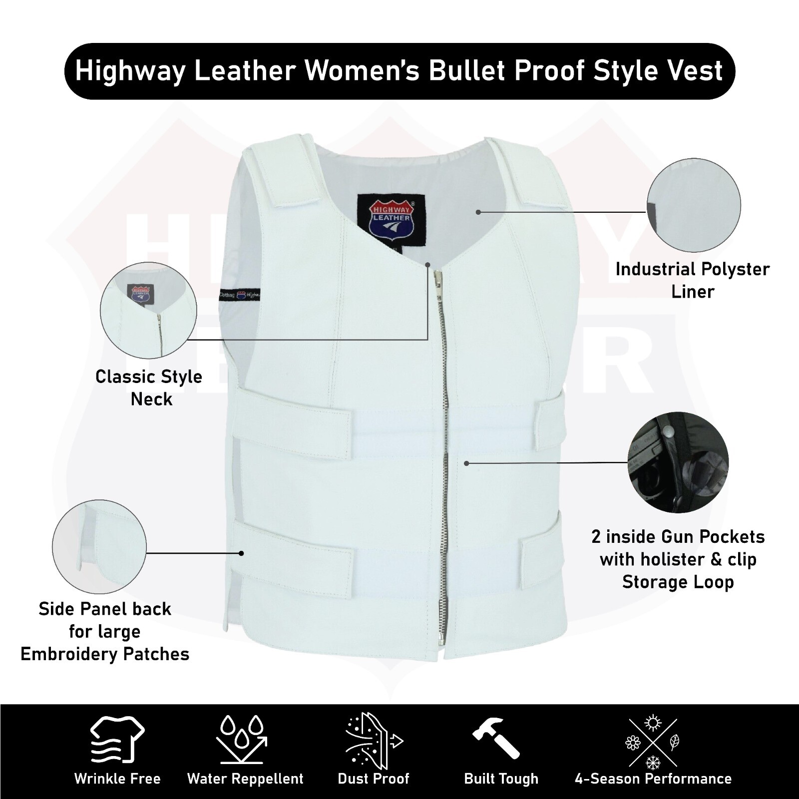 White Women Bullet Proof style Leather Motorcycle Vest for bikers Club Tactical