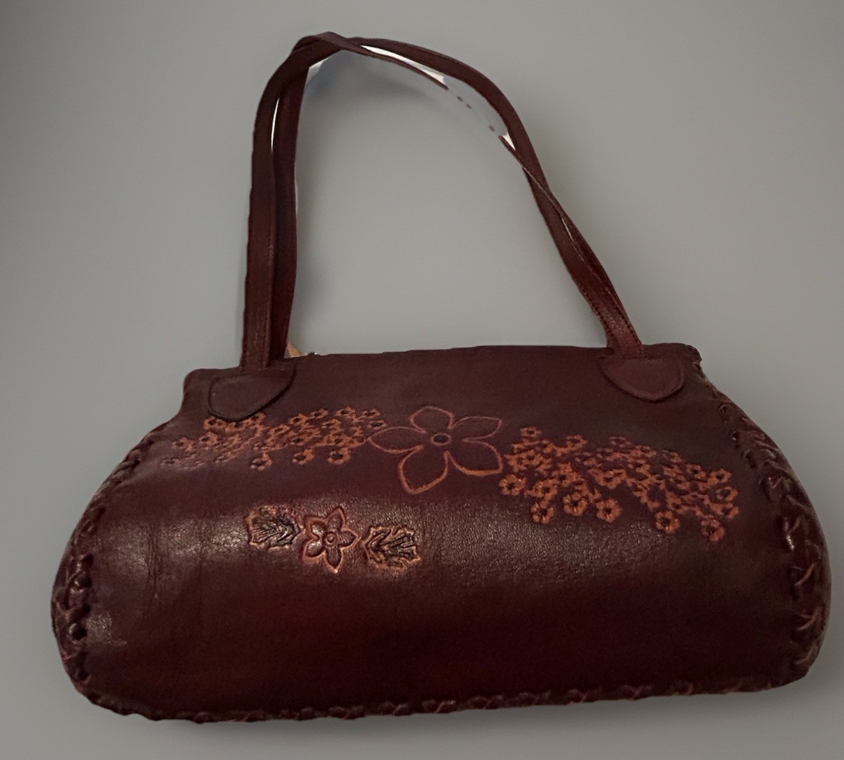 Vintage Tooled Stamped Leather Brown Hippie Purse Boho 10” X 7” X 3”