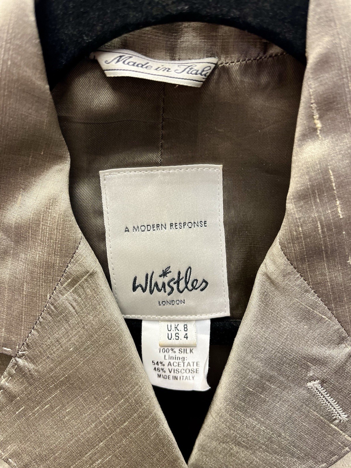 Whistles London 4 Bronze Italian Silk Shiny Jacket Metallic Y2K Academia Preppy